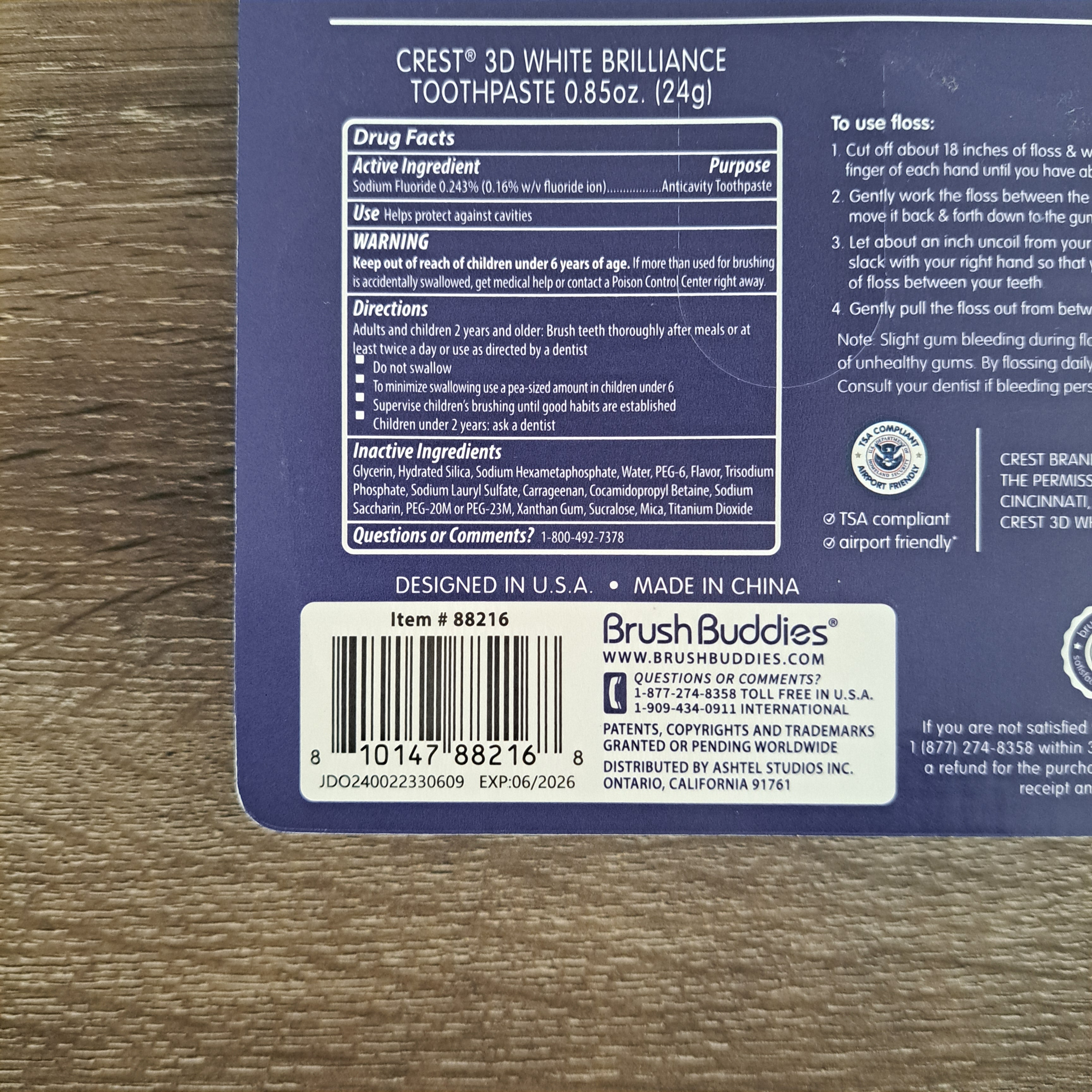 Brush Buddies Crest 3D White Brilliance Vibrant Peppermint Travel Toothpaste (2 Pack) with Floss (2 Pack)