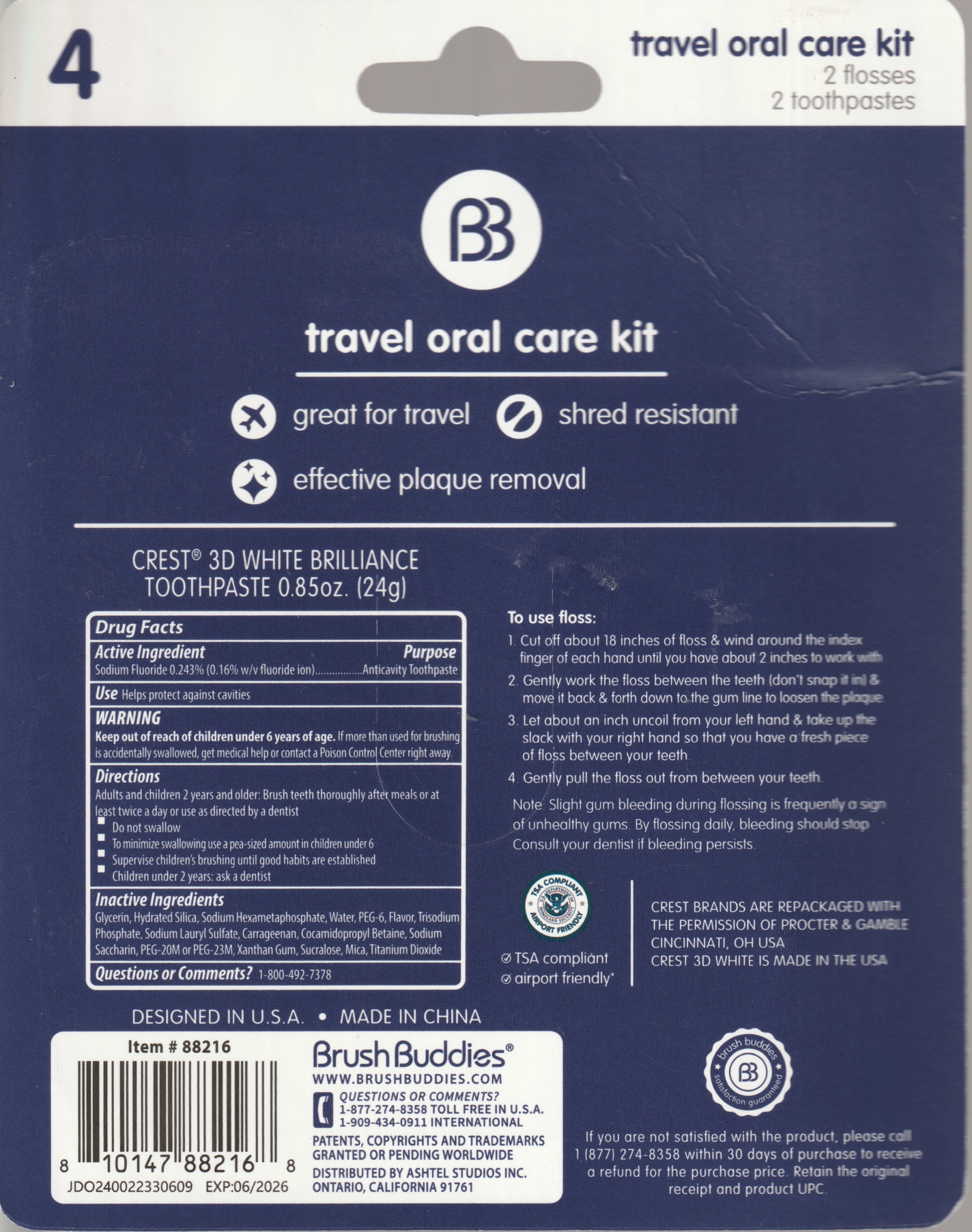 Brush Buddies Crest 3D White Brilliance Vibrant Peppermint Travel Toothpaste (2 Pack) with Floss (2 Pack)